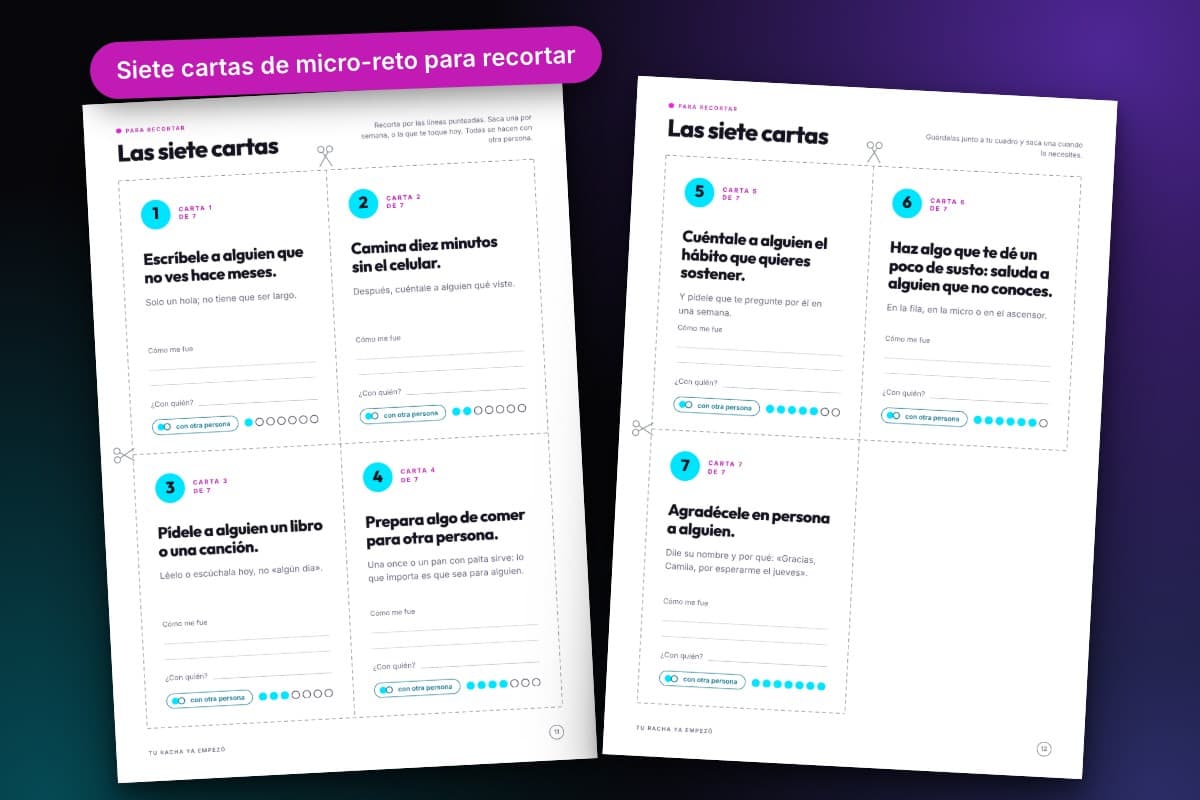 Las siete cartas de micro-reto de la guía «Tu racha ya empezó», cada una con una acción pequeña.